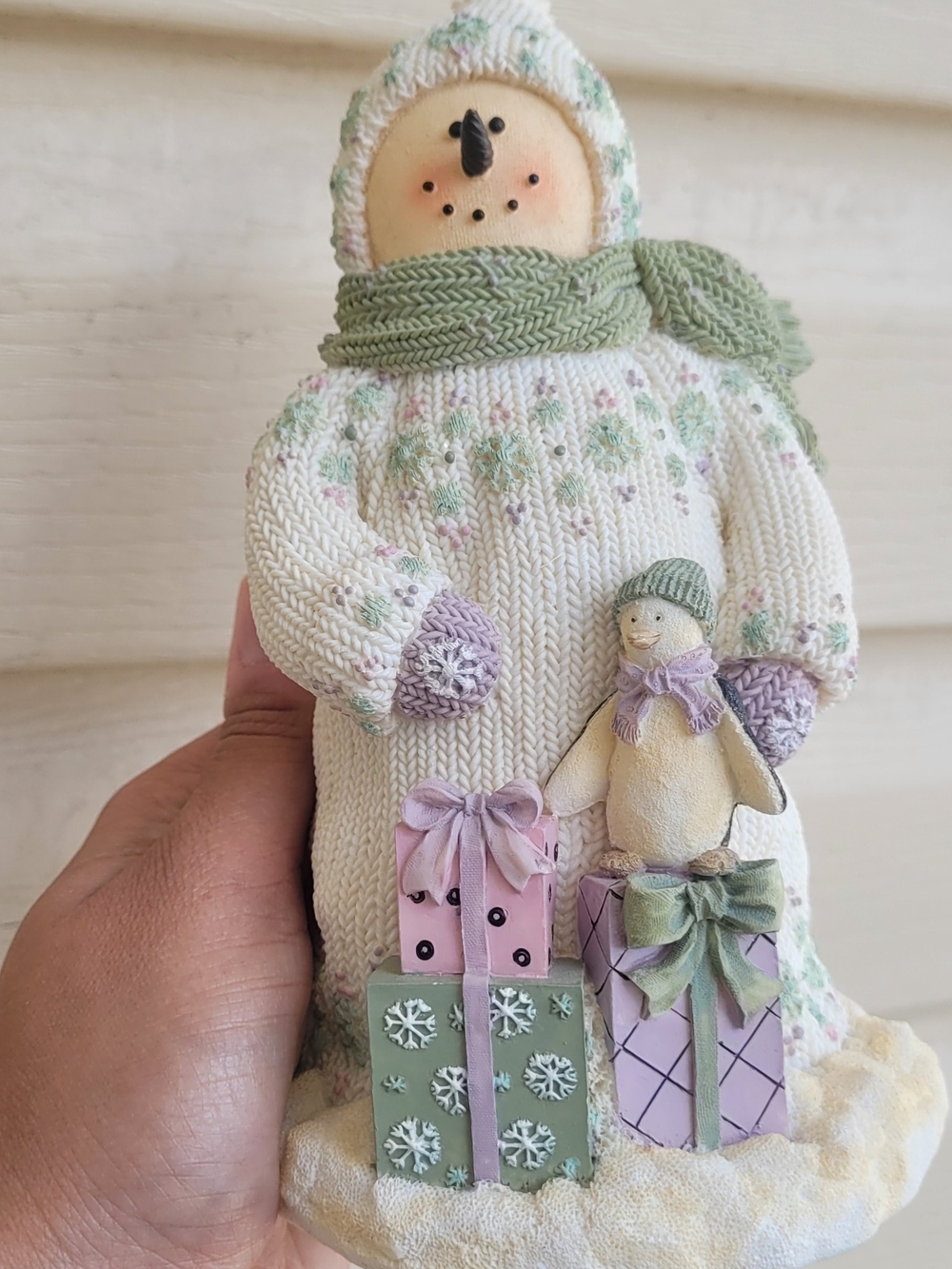 Knit Snowman Figurine with Pastel Gifts